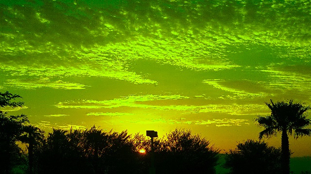 Spectacular desert sunrise transformed with unique green and golden hues.